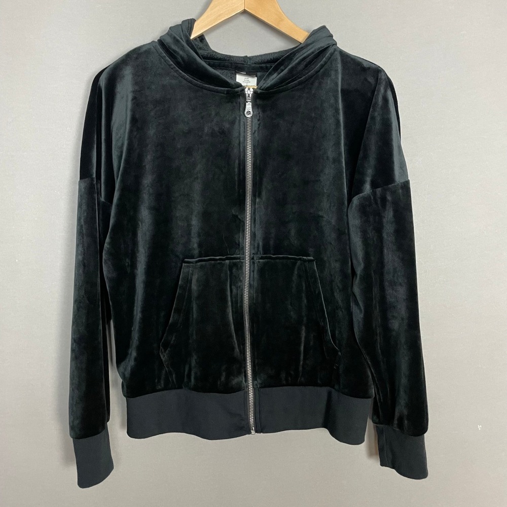 Felina Velour Zip-Up Hoodie Sweatshirt Jacket Black Pockets Women Size Medium